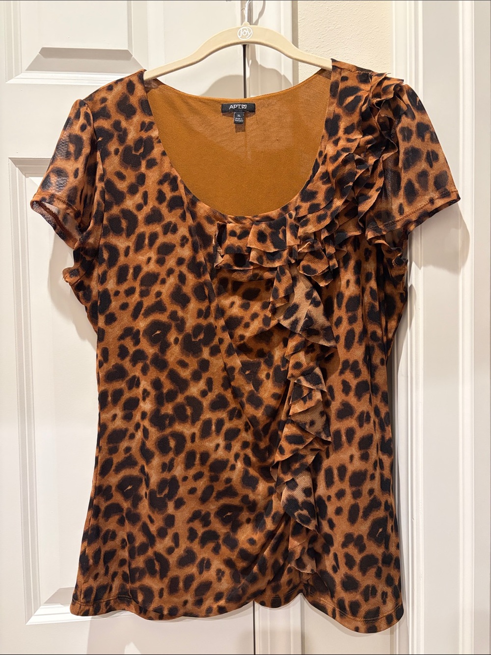 Apt. 9 XL Short Sleeve Sheer crew neck ruffle Leopard print Blouse Top Tee EUC